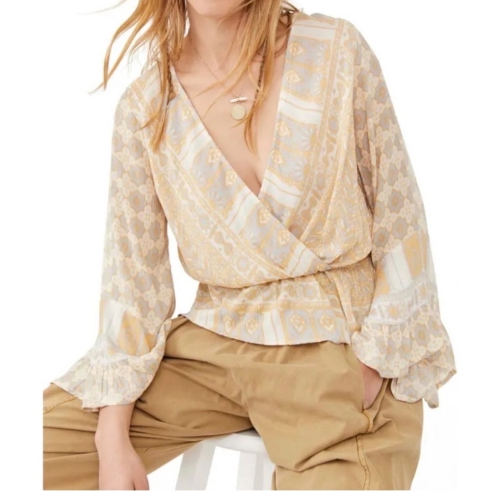 Free People Smocked Peplum Blouse S Yellow Boho Ruffle Sleeve Wrap Top